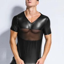 Мужская сексуальная прозрачная кожаная футболка 2018 с круглым