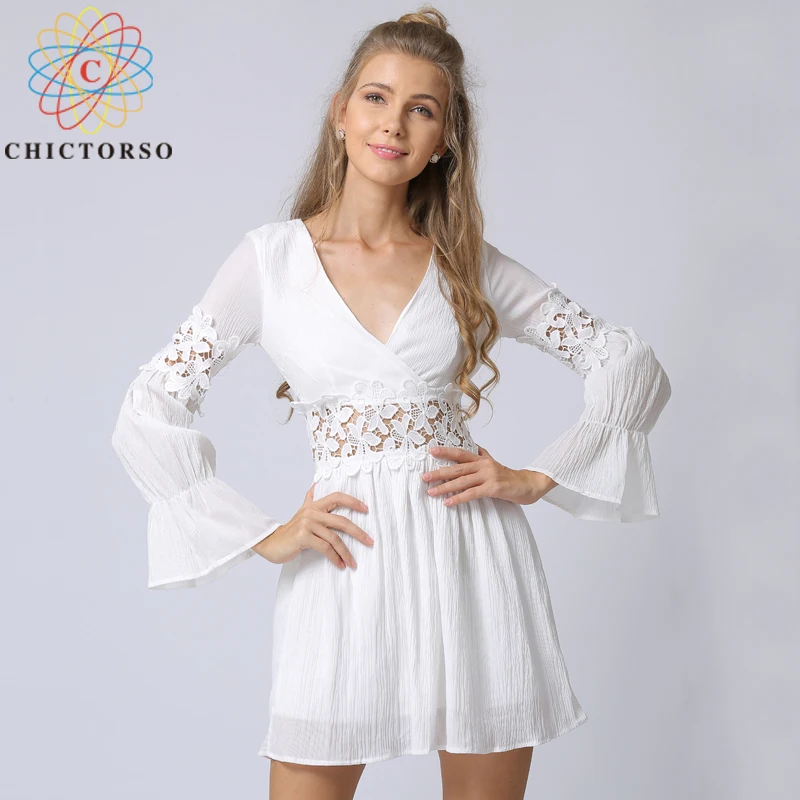 Chictorso Кружевное белое платье с длинным рукавом осень летнее 2018 пляжные