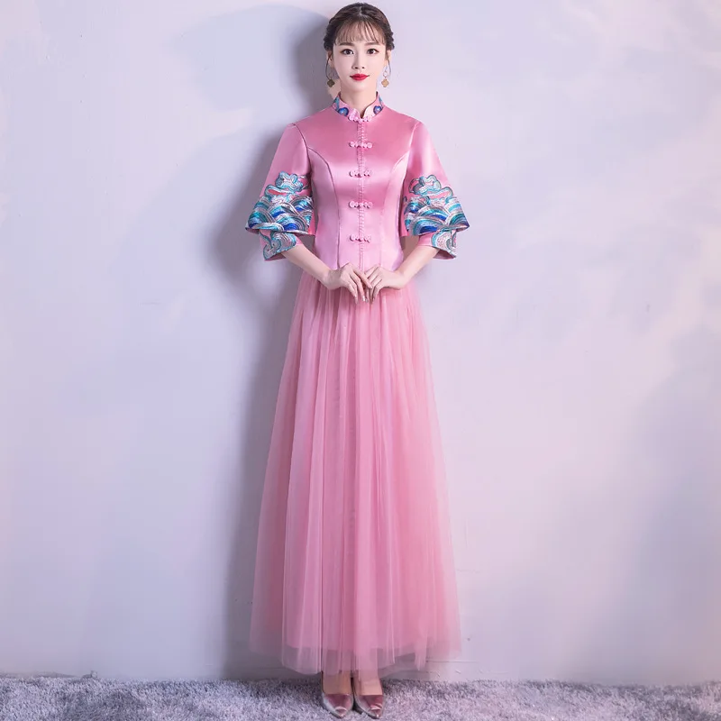 Новинка 2019 китайская стильная стойка с воротником цветное платье вышивкой