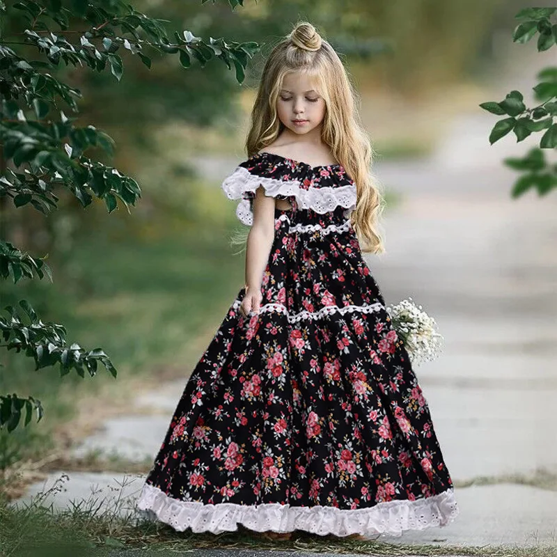 Lovely Girls Baby Floral Hollow Out Ruffles Vintage Toddler Clothes Shoulderless Ins Sweet Kids Summer Party Princess Dress | Детская