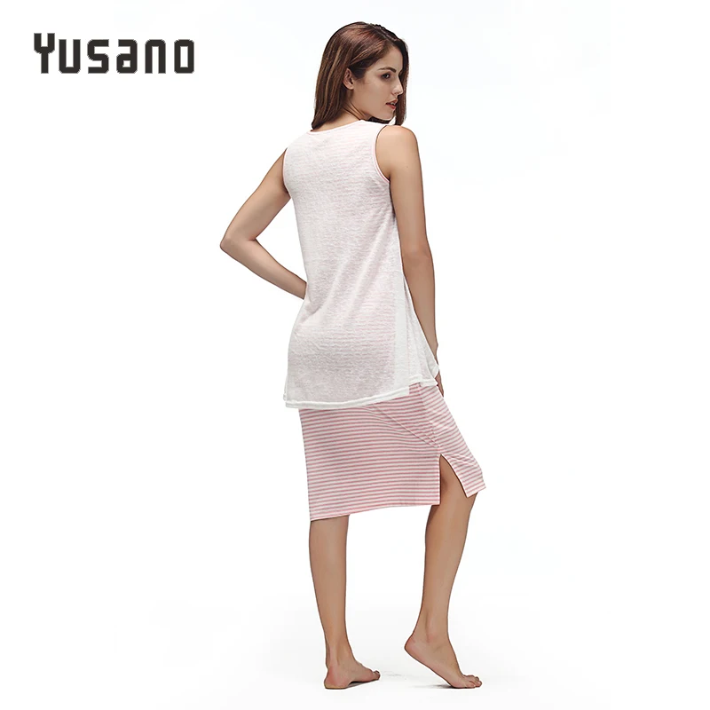 Женская ночная рубашка в полоску хлопковая двухслойная с принтом ночное платье