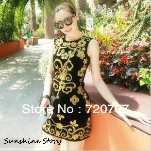 2013 New Free shipping European and American luxurious Gold embroidery black tight skirts Vintage sexy hip dress | Женская одежда