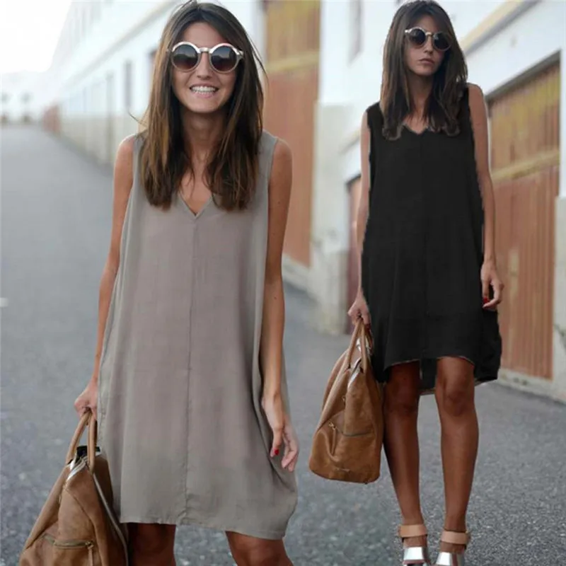 

Summer Dresses For Women Fashion Sleeveless V-Neck Loose Dresses Casual Solid Color Dresses Female Basic Bodycon Femme Vestido