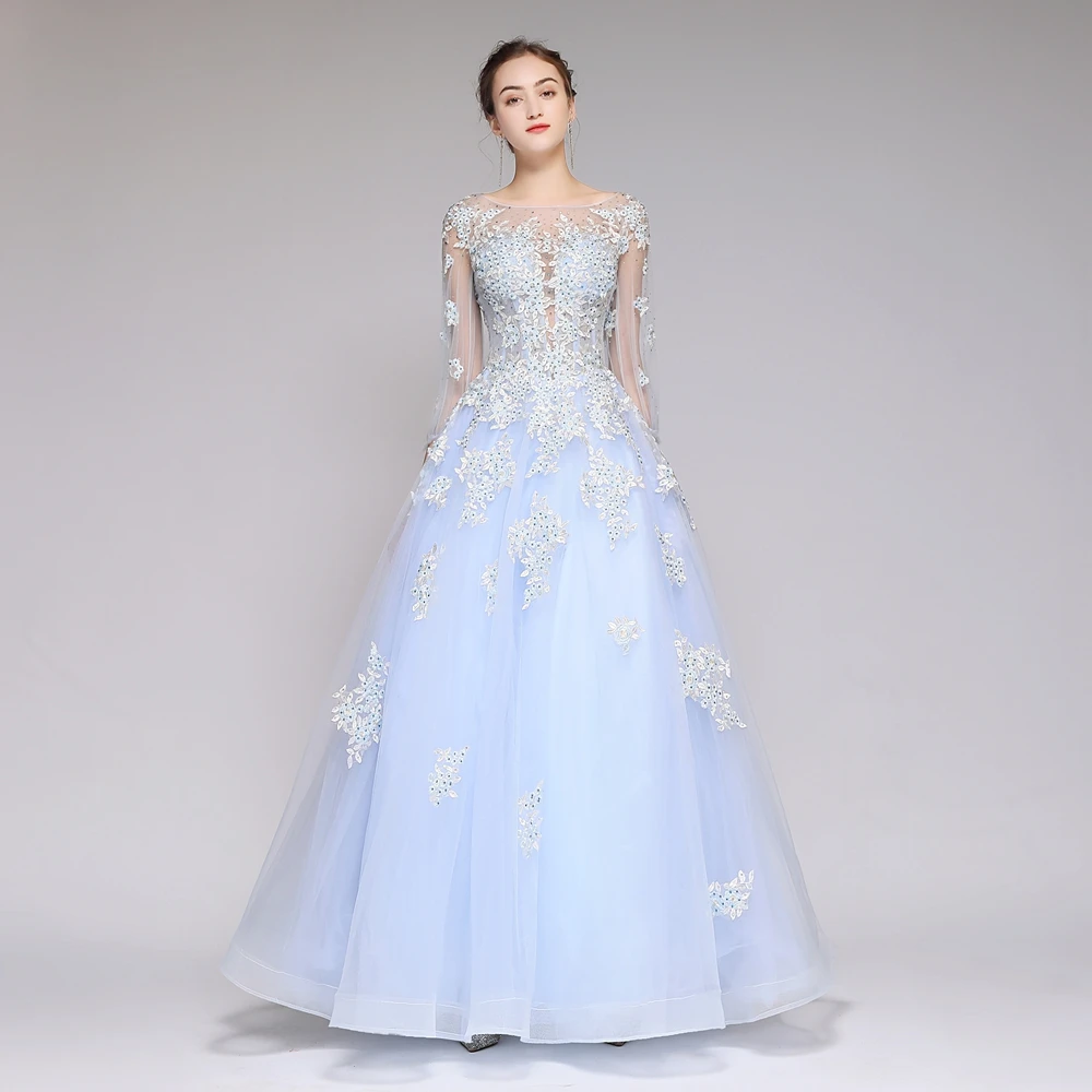 Распродажа SSYFashion кружевное вечернее платье свежее светло-голубое с аппликацией