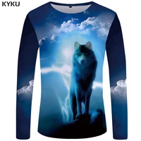 kyku brand wolf t shirt men long sleeve shirt vintage rock black funny t shirts terror punk animal japan 3d t shirt
