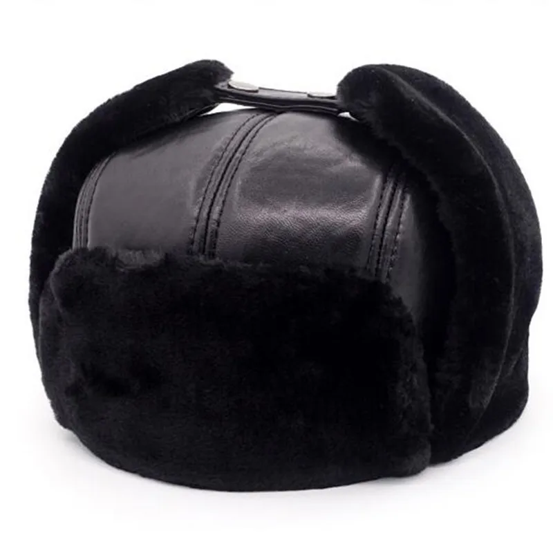Genuine Leather Bomber Hat Middle Elderly Men Winter Thicken Plus Velvet Warm Cap Sheepskin Fashion Outdoor Male Black Hats H263