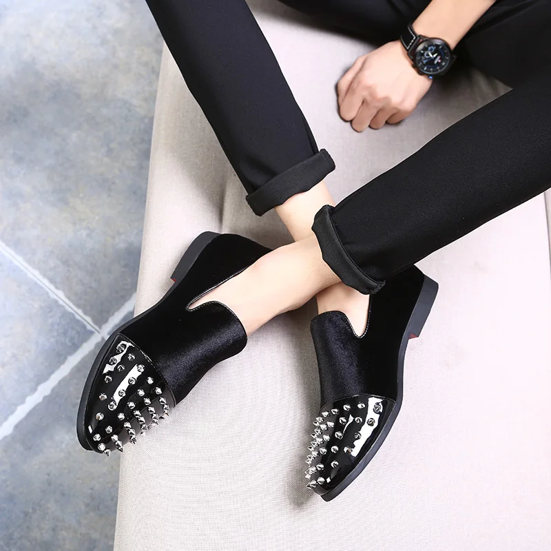 2019 Fashion Silver Spikes Men Rivet Loafers Patent Leather Toe Slip-on Velvet Flats Plus Size EU37-48 Casual Shoes | Обувь