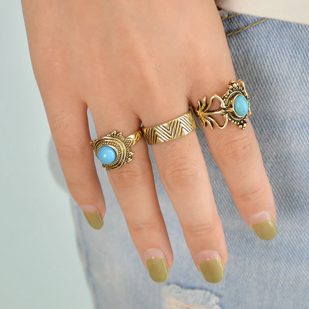 Jufee New Fashion 3Pcs/Set Bohemia Ethnic Antique Gold-Color Rhombus Shape With Blue Stone Rings Set For Women Accessories | Украшения и