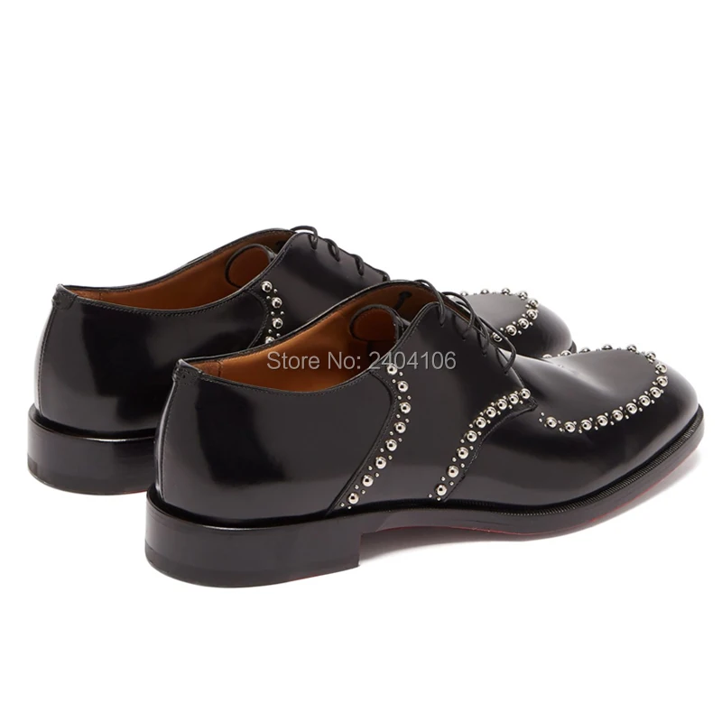 Drop Ship Shiny Sold Leather Silver Stone Studded Oxfords Business Dress Formal Shoes Cross-tied Lace-up Black Rivets Men | Обувь