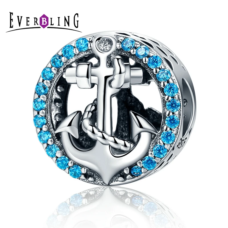 Everbling изделия якорь синий cz 100% стерлингового серебра 925 Шарм Бусины Fit Европейский
