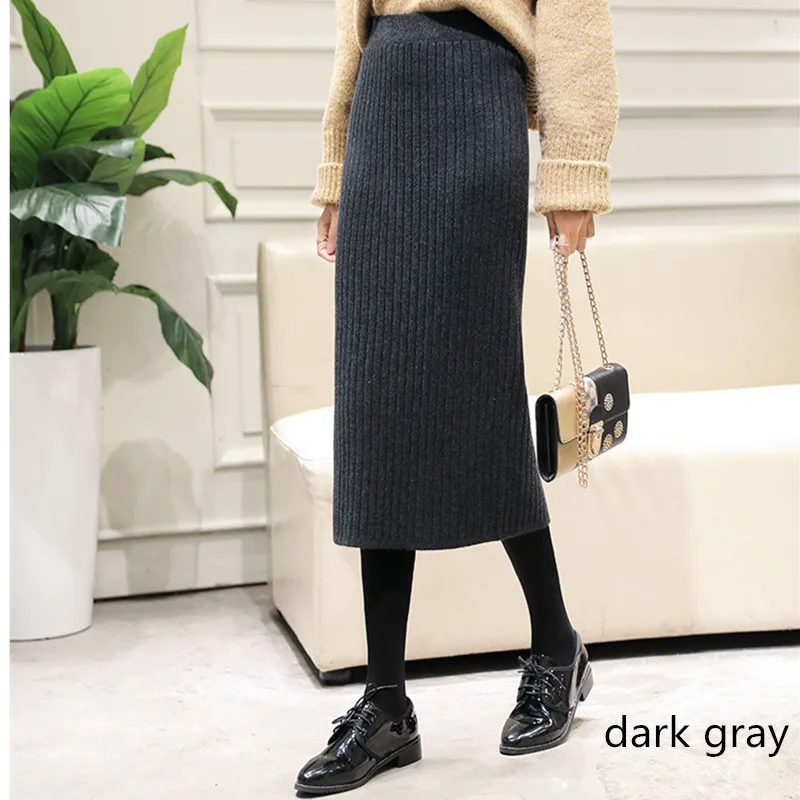 dark gray Hanyiren юбка-карандаш с высокой талией осень зима Женская Элегантная трикотажная облегающая юбка черная однотонная женская офисная одежда юбки - Цвет: dark gray