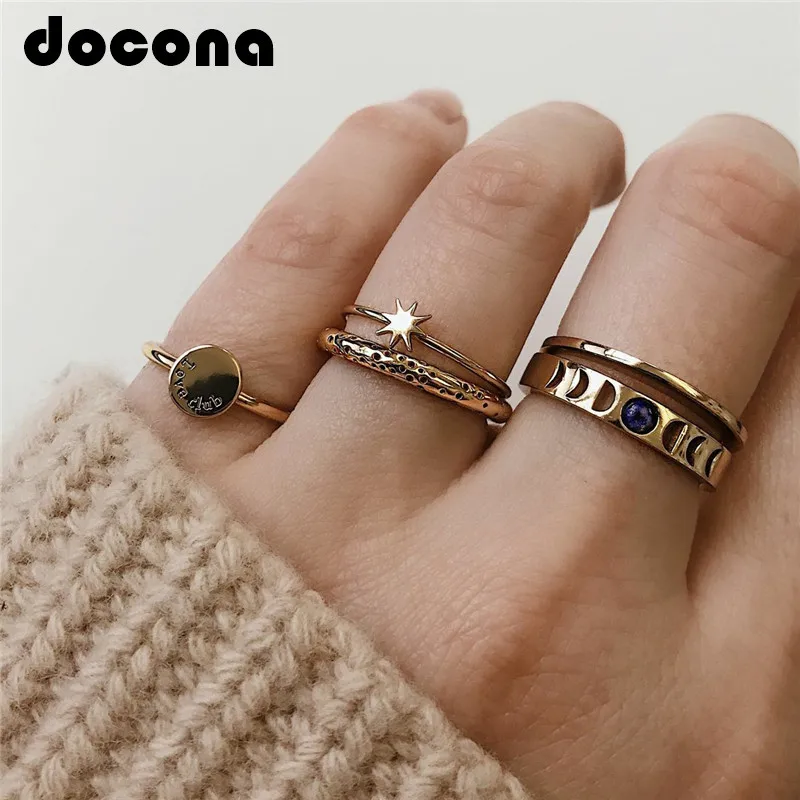 Docona Готический золотой цвет звезда полые геометрические Кольца Набор для женщин Knuckle Midi кольцо обручальное кольцо Anillos Mujer 3778
