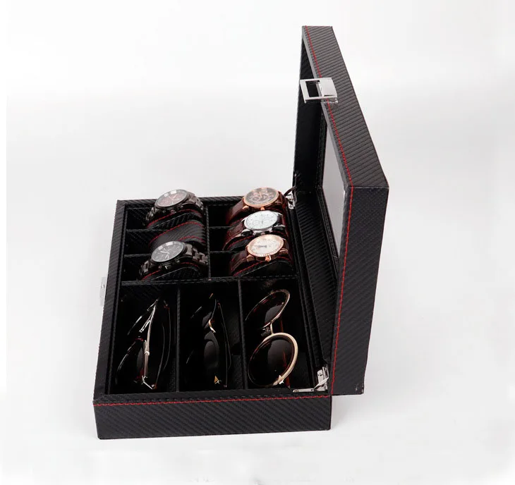 Goedkoop 6 Zwart Lederen Rode Naai Horloge Doos Sieraden Case + 3 Brillen Opslag En Sunglass Glazen Venster Display Case Organizer Workshop
