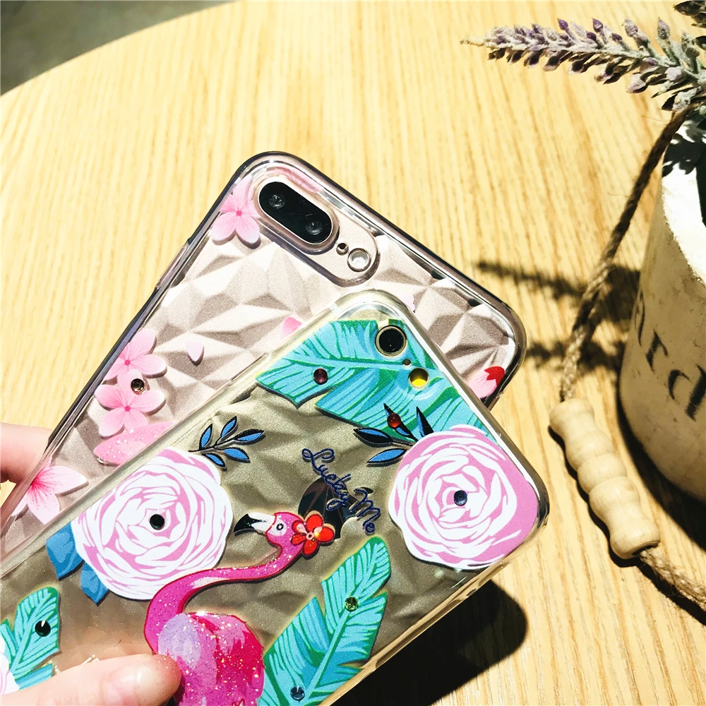 Cases For Iphone 7 Cute Cartoon Flamingos 3D Pattern Phone Case 6 6s 8 Plus X Transparent Diamond Soft TPU Coque Capa |