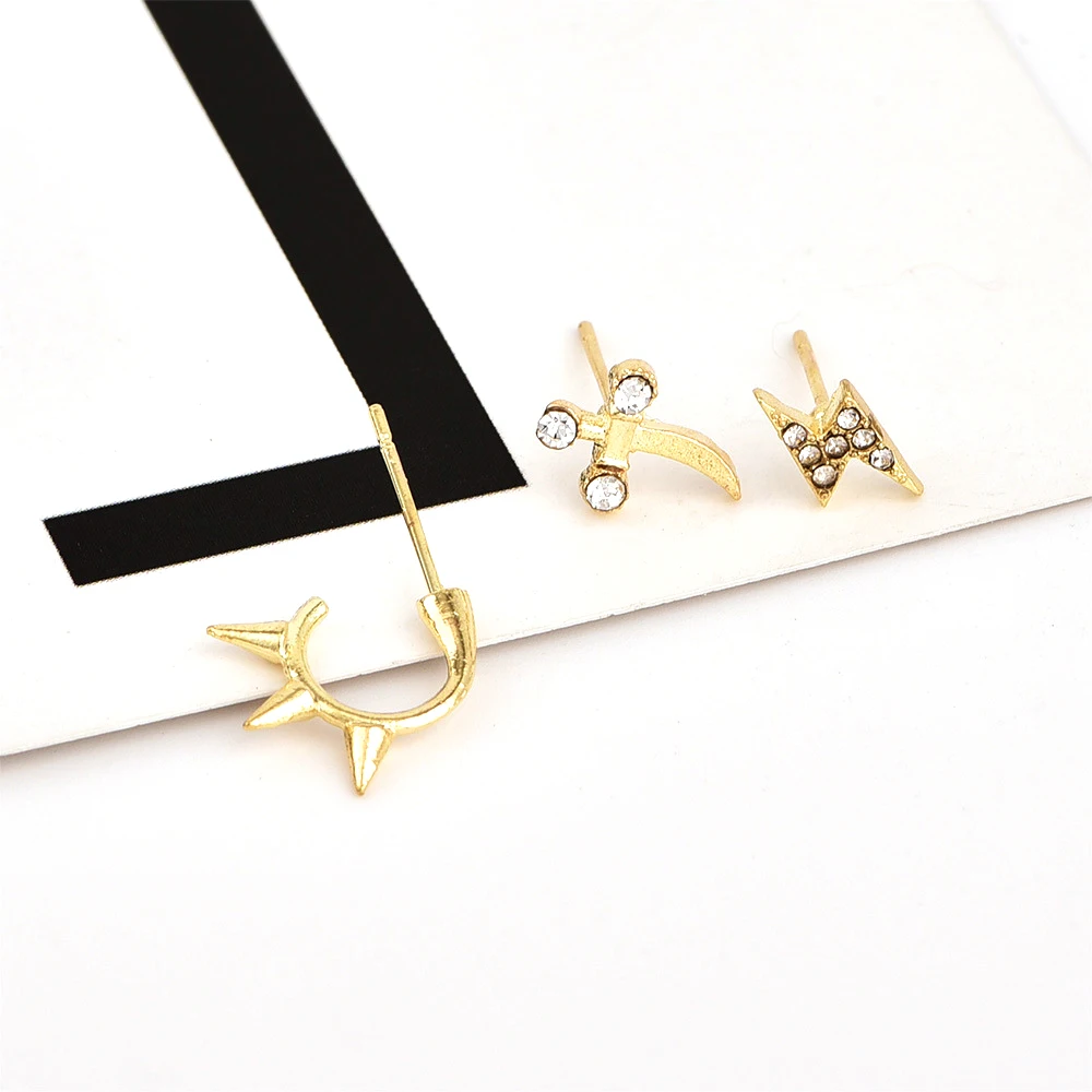 3 Pcs/Set Punk Personality Ladies Charm Lightning Cross Crystal Rhinestone Gold Earrings Wedding Party Jewelry Accessories | Украшения и