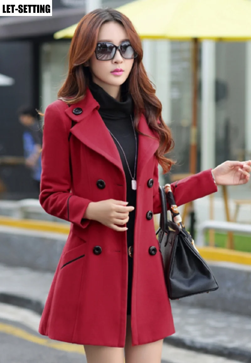 

spring fall winter Korean slim double-breasted woolen long coat thin slim fashion blends trench female overcoat M,L,XL,XXL,XXXL,