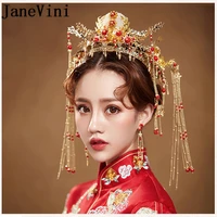 janevini oriental chinese wedding bridal hairband vintage red hair accessories jewelry gold long tassel pageant crowns tiaras