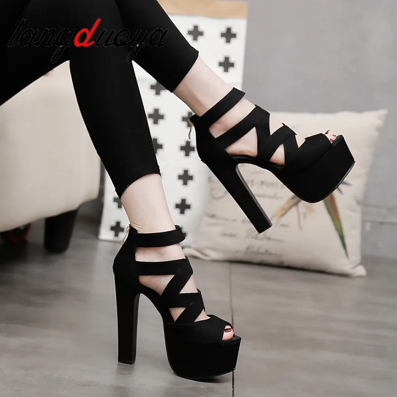 

Women Suede Peep Toe Cross Band Platform Chunky Heel Sandal Black Ladies Ankle Strap Ultra High Heel Dressy Sexy Sandal platform