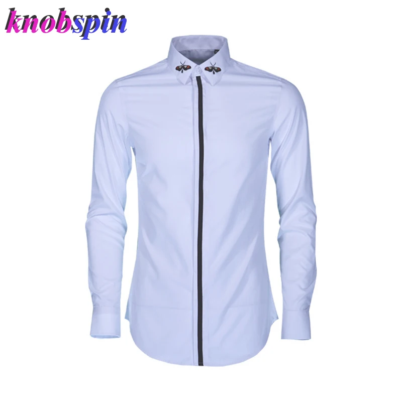 

2019 Brand Business male Dress Shirt Butterfly Embroidery Collar Long sleeve Camisas Patchwork Slim Casual men shirts Plus size