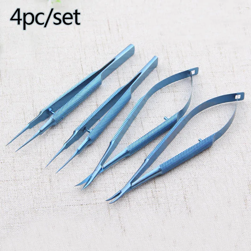 4pcs/setTitanium Tlloy Surgical Instruments Ophthalmic Microsurgical Instruments 12.5cm Scissors+Needle Holders +Tweezers