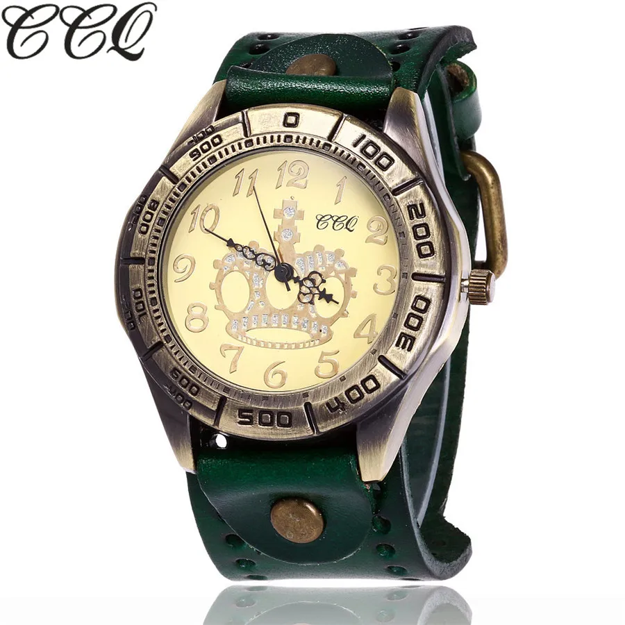 CCQ Марка Винтаж Кожа Коровы Корона Часы Casual Luxury Мужчины Наручные Кварцевые Relogio
