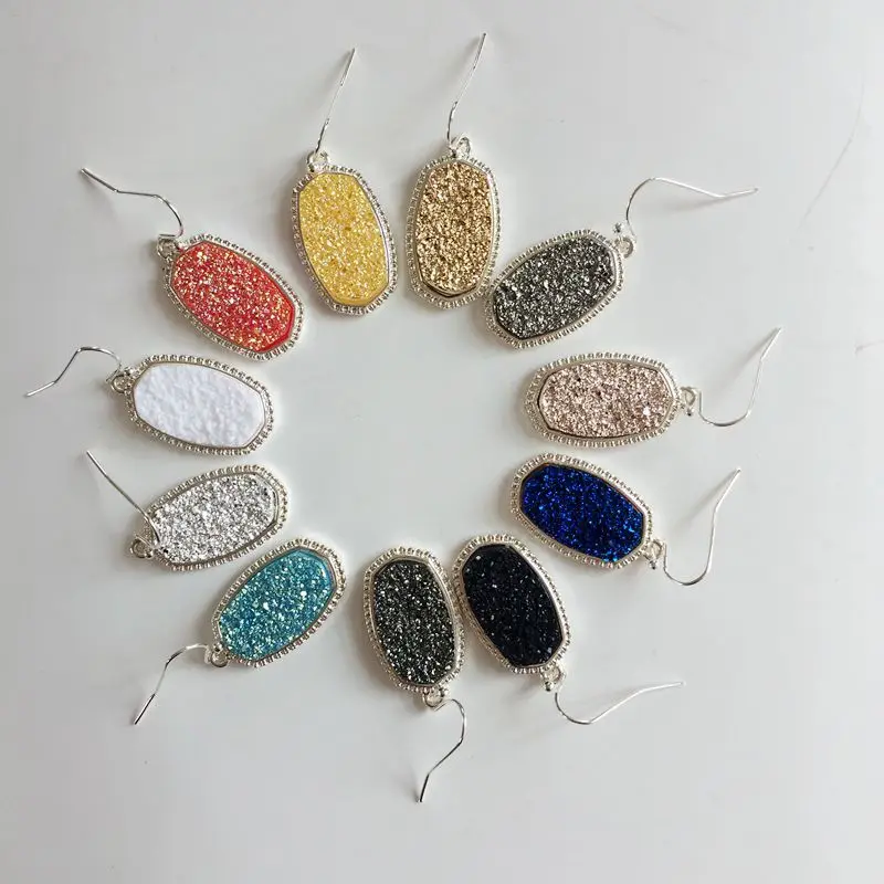 YJX030 Серебряный тон Модные женские имитация Druzy Камень акценты в рамке овальные Drusy эффектные висячие серьги