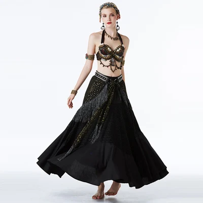 3-piece set Новые пикантные Для женщин живота танцевальный костюм для выступлений платье бюстгальтер хип шарф юбка Племенной Стиль, комплект из 3 предметов, черный+ белый+ красный - Цвет: 3-piece set