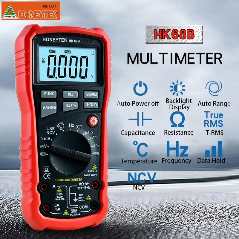 HK68B HONEYTEK True-RMS подсветка AC/DC Амперметр Вольтметр Ом тестер метр Ручной ЖК-мультиметр портативный цифровой мультиметр HK68C - Цвет: HK68B