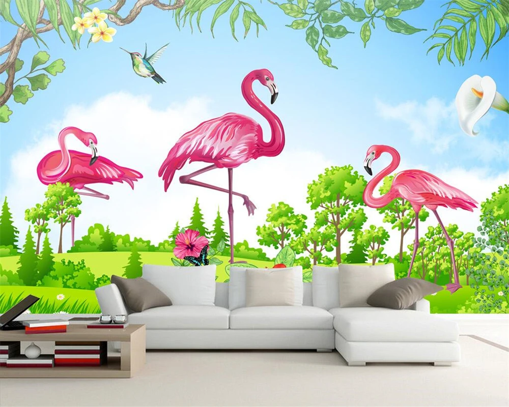 

Beibehang Custom wallpaper hand painted green little refreshment landscape flamingo living room sofa tv background 3d wallpape