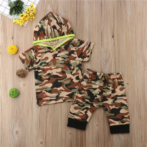 New Kids Boy Camo Clothes Set Summer Baby Girl Hooded Short Sleeve Long Harem Pant Children Fashion 2Pcs Outfits |