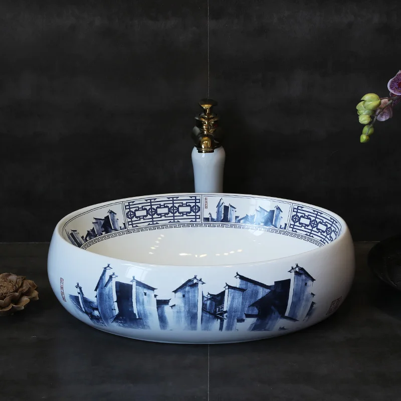 Сине белая фарфоровая настольная раковина Jingdezhen Новая китайская керамическая в