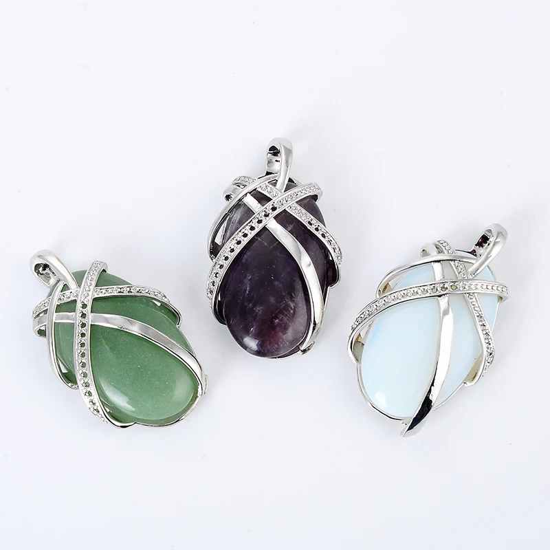 New 1pc Chic Natural Stone Amethysts Opal Green Aventurine Quartz Oval Bead Pendant for Women necklace Choker Jewelry