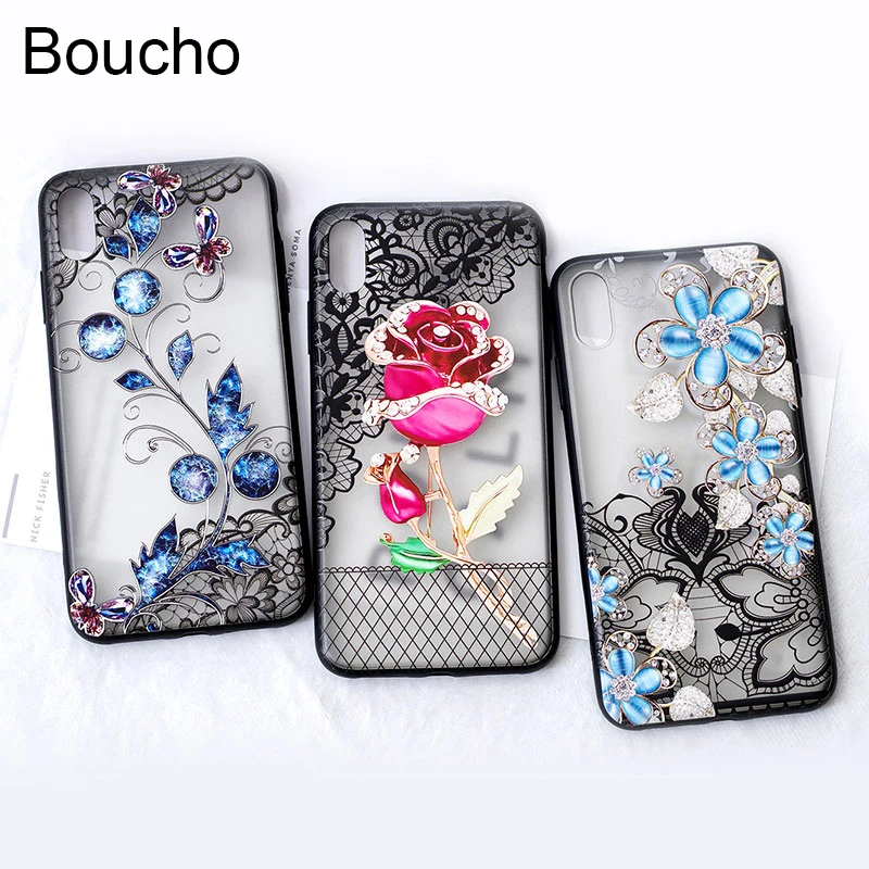 Boucho 3D Lace Diamond Floral Case for iPhone XS MAX Phone X XR 6 6s 7 8 plus Flower Clear Plastic Cover |