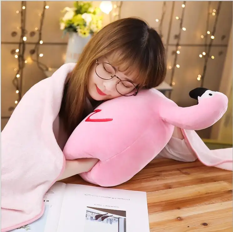 1pc 75cm cute sweet flamingo soft plush cushion + coral velvet blanket stuffed toy creative girl romantic gift | Игрушки и хобби
