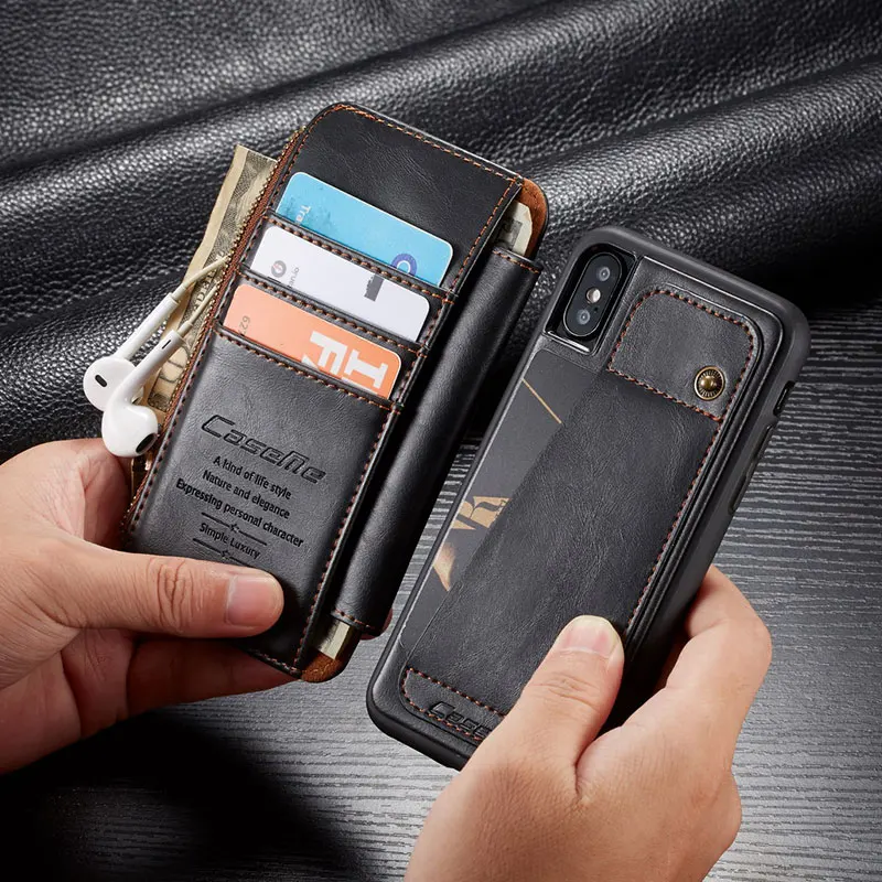 Чехол Me для IPhone X, 6, 7, 8 Plus, Ретро стиль, натуральная кожа, металлическая молния, 2 в 1, флип-кошелек, держатель для карт, чехол для IPhone XS Max XR