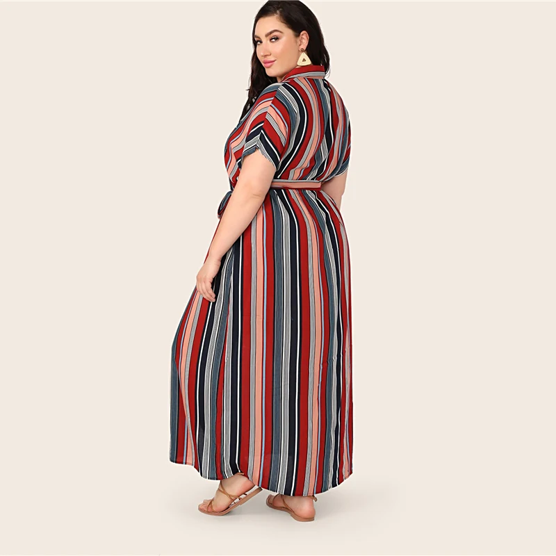SHEIN, платье-рубашка в полоску с разноцветными карманами и заплатками размера плюс,, женские летние повседневные длинные платья на пуговицах с воротником и разрезом