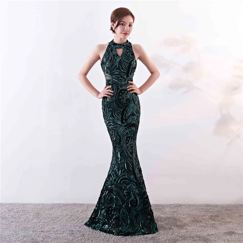 

Green Paisley Sequined Halter Tank Sleeveless Long Mermaid Luxury Women Dress Elegant Formal Party Gowns Sexy Nightclub Dresses