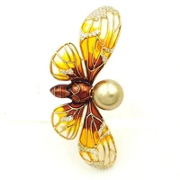 designer vintage orange enamel butterfly brooch gold tone clear cz imitated pearl deco brown body butterfly pins scarf accessory
