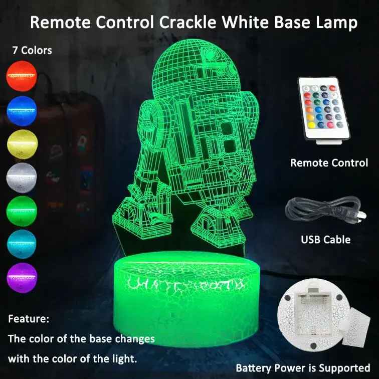 White base Remote Современный фильм военный корабль из «Звездных войн» R2D2 3D Оптическая иллюзия светодиодный ночной Светильник украшение дома Детский Рождественский подарок 7 Цвет сна лампа - Испускаемый цвет: White base Remote