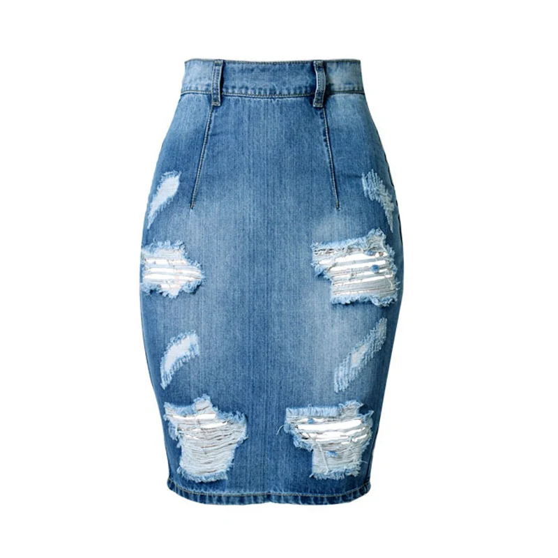 

Модная новая рваная джинсовая юбка с высокой талией и разрезом, джинсовые юбки-карандаш, Женская рваная джинсовая юбка, весенняя, летняя Юбк...