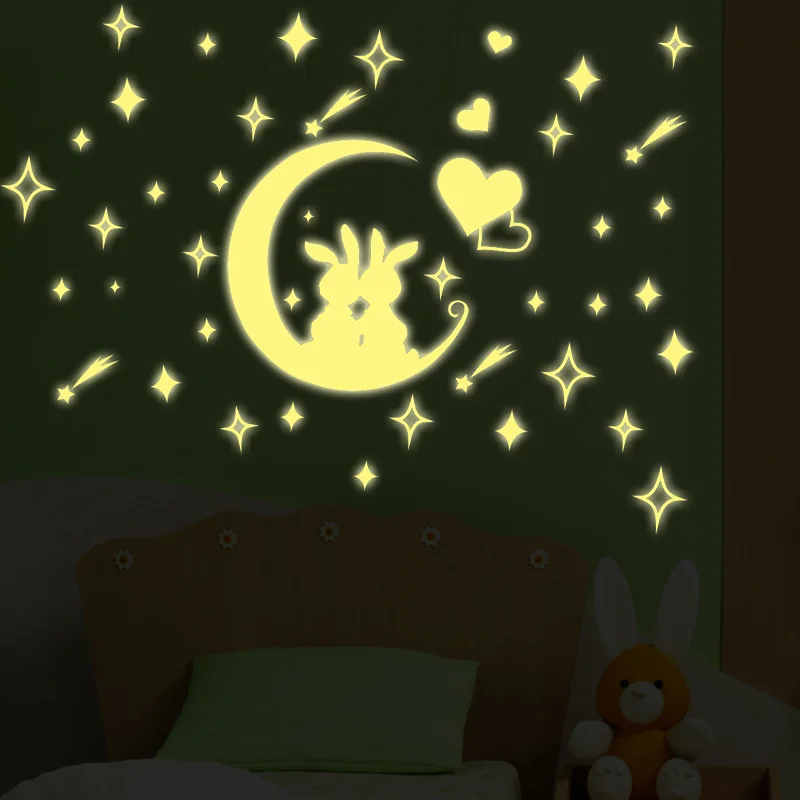 Cartoon Fluorescent Romantic Lovely Rabbit Moon Wall Stickers Luminous Stars Kids Room Nursery Home Decor Mural Decal | Дом и сад