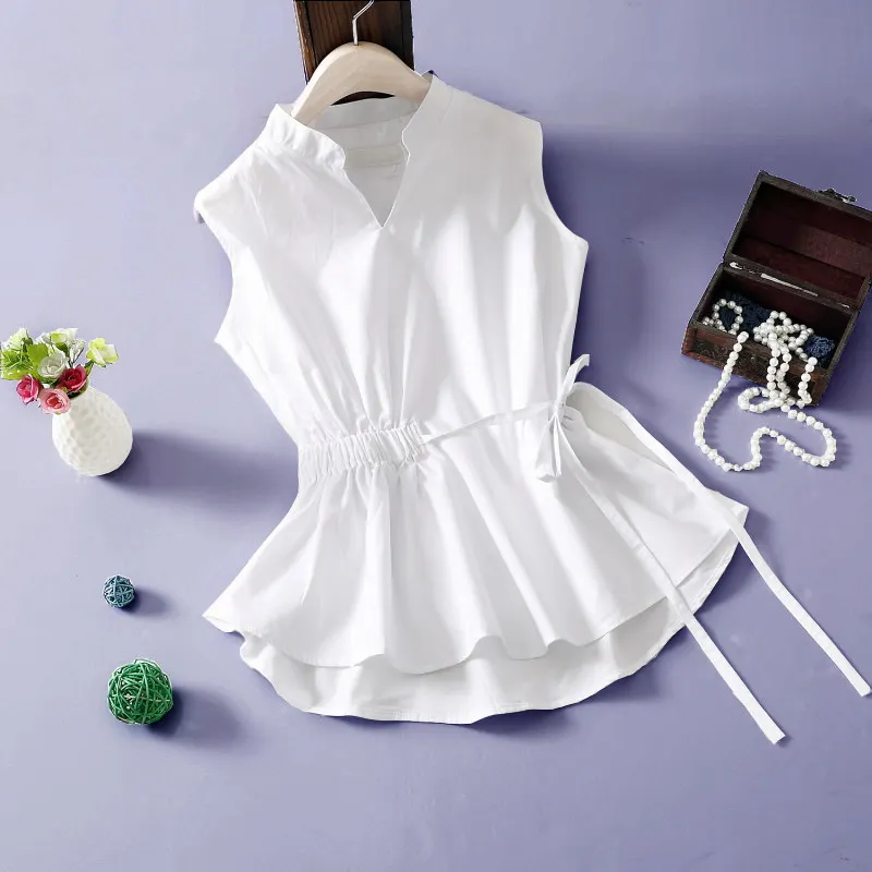 

Women's White Shirts Summer 2019 New Fashion Elegant V-neck Sleeveless Fold Drawstring Lacing Slim Waist Pullovers Tops Female