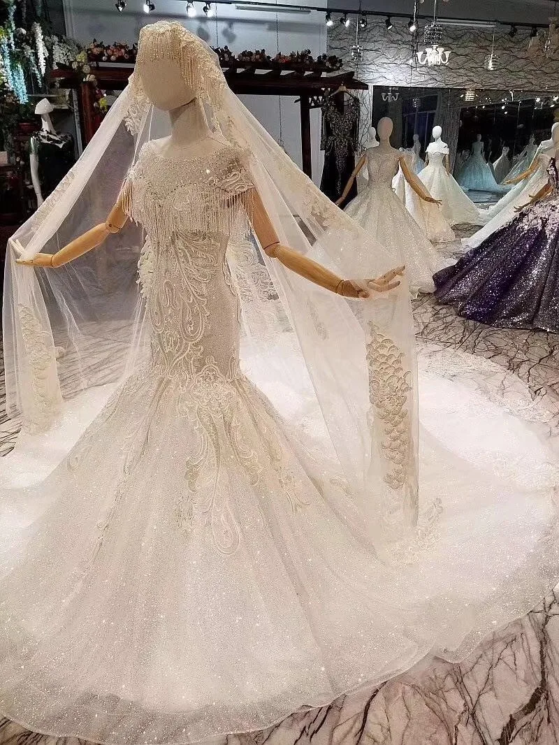 H&S BRIDAL Mermaid Wedding dresses Crystals short sleeve Elegant wedding dress robe de marriage with long luxury veil vestidos