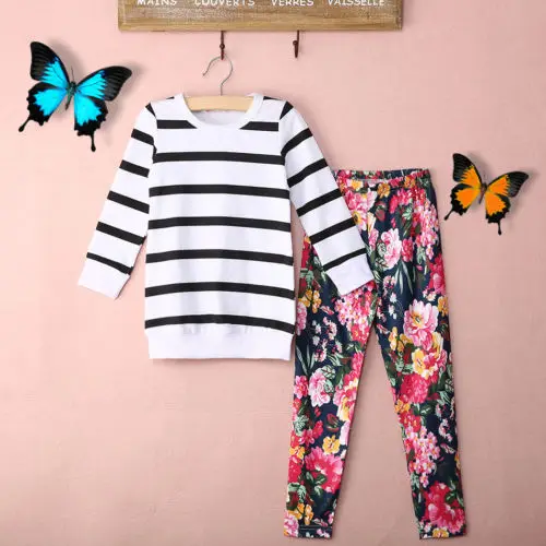 2 шт. хлопковая футболка с длинным рукавом и штаны цветочным принтом|kids clothes set|clothes