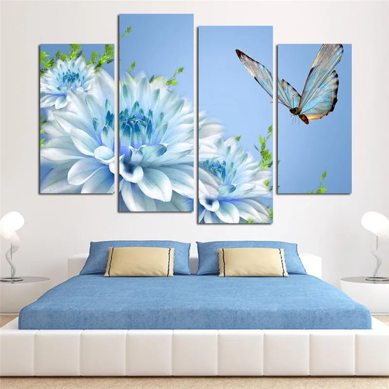 4 Panel Blue Chrysanthemum And Butterfly Flower Wall Art Canvas Painting Modern Picture For Living Room Decoration Home Decor | Дом и сад