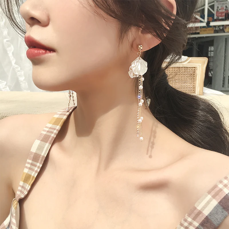 Новое поступление 2019 женские серьги подвески в виде ракушек жемчужные с бахромой