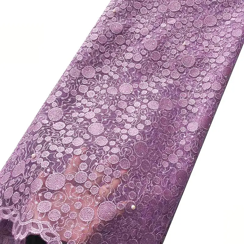Light purple Африканская французская кружевная ткань розовая швейцарская вуаль кружева в швейцарском тюле чистая свадебная кружевная ткань с бисером и камнями - Цвет: Light purple