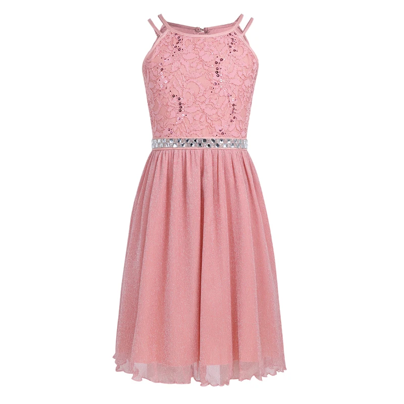 6-14 Years Kids Girls Sleeveless Sequined Floral Lace Shiny Princess Tulle Dress for Birthday Party Summer Prom Clothes