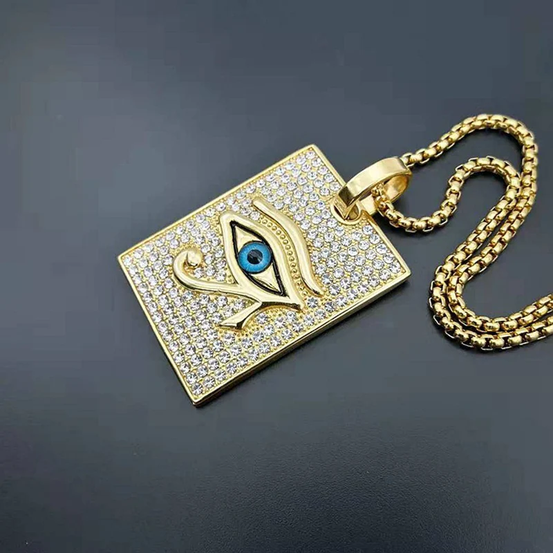 Hip Hop Rock Full Rhinestone Bling Ice Out Gold Color Stainless Steel Horus Eyes Square Pendant Necklace for Men Rapper Jewelry | Украшения