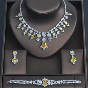 white gold color HIBRIDE 3 шт. Роскошный желтый кубический цирконий Женские Ювелирные наборы Свадебные модные украшения Свадебная вечеринка ожерелье набор N-335 - Окраска металла: white gold color